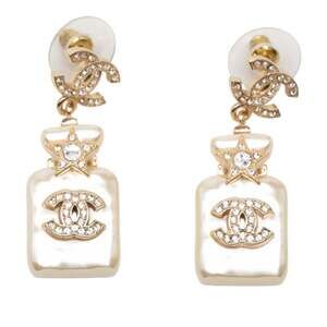 Chanel Coco Mark Star Perfume Bottle Motif Earrings with Gold-Plated Rhinesto...